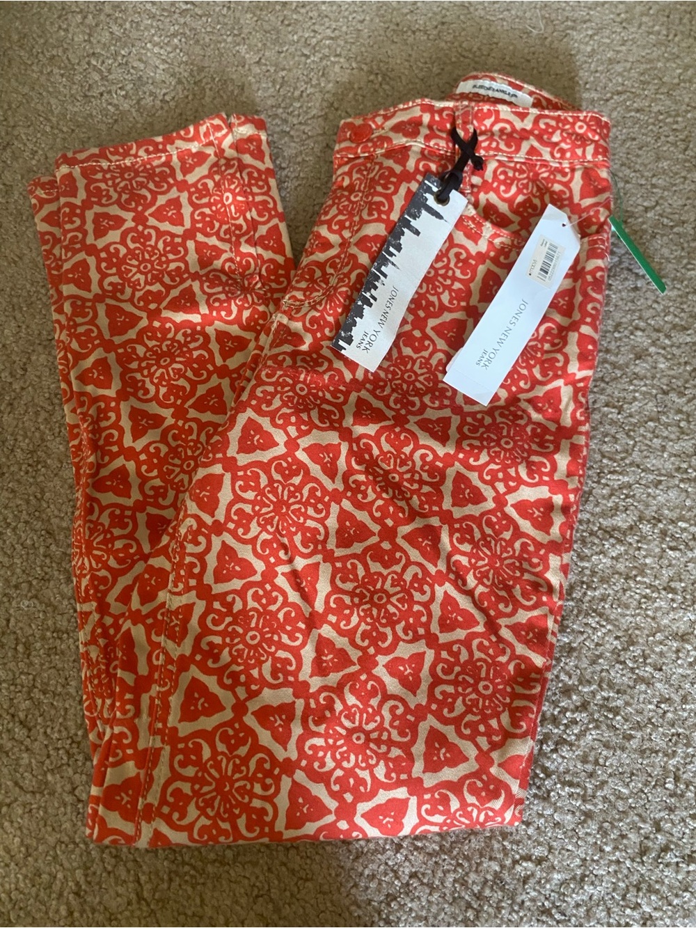 Jones New York Coral & Cream Patterned Skinny Jeans